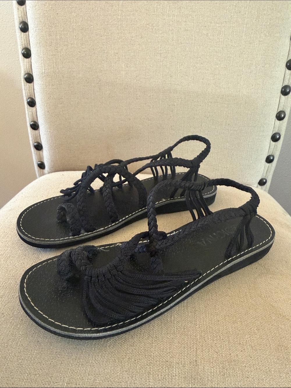 Bokyna Women’s Braided Rope Grecian Sandals Minimalist Black Size 8.5